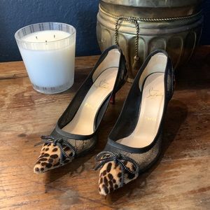 Christian Louboutin Souris 70 Pony Fur Cheetah Lace Zipper Bow Kitten Heel Shoes